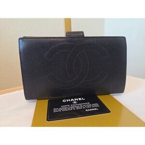 SOLD Chanel CC Caviar Long Wallet Kisslock Black Leather France Vintage
